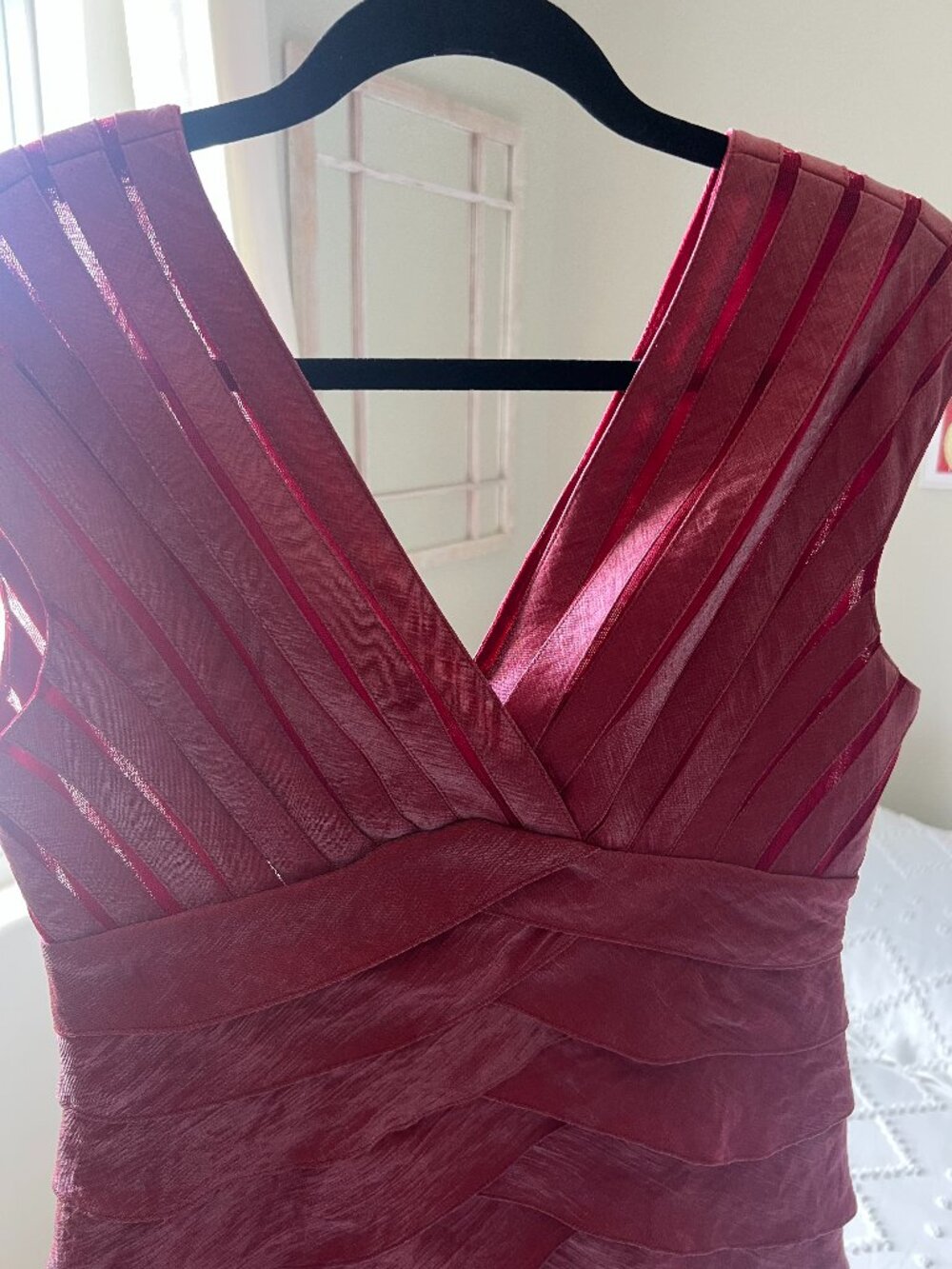 Adrianna Papell Red Layered Tiered Shutter Pleats Cap Sleeve Sheath Dress SIZE 8